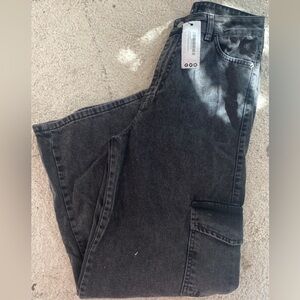 Boohoo Petite XL Faded Black Flare Jeans w Cargo Pockets